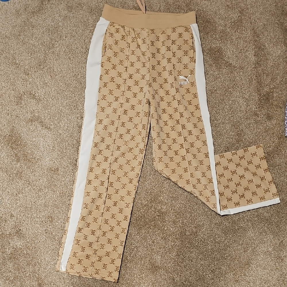Puma Tan and White Track Pants with Sporty Stripes